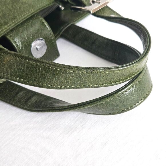 VTG ESPRIT Small Hand Tote Satchel Army Green Faux Leather Silver - Picture 6 of 9
